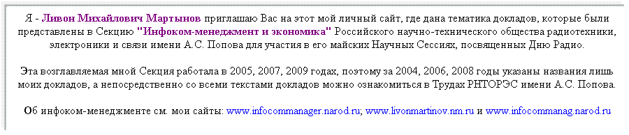 Подпись: Я - Ливон Михайлович Мартынов приглашаю Вас на этот мой личный сайт, где дана тематика докладов, которые были представлены в Секцию "Инфоком-менеджмент и экономика" Российского научно-технического общества радиотехники, электроники и связи имени А.С. Попова для участия в его майских Научных Сессиях, посвященных Дню Радио. 
Эта возглавляемая мной Секция работала в 2005, 2007, 2009 годах, поэтому за 2004, 2006, 2008 годы указаны названия лишь моих докладов, а непосредственно со всеми текстами докладов можно ознакомиться в Трудах РНТОРЭС имени А.С. Попова.
Об инфоком-менеджменте см. мои сайты: www.infocommanager.narod.ru; www.livonmartinov.nm.ru и www.infocommanag.narod.ru 
  
 
